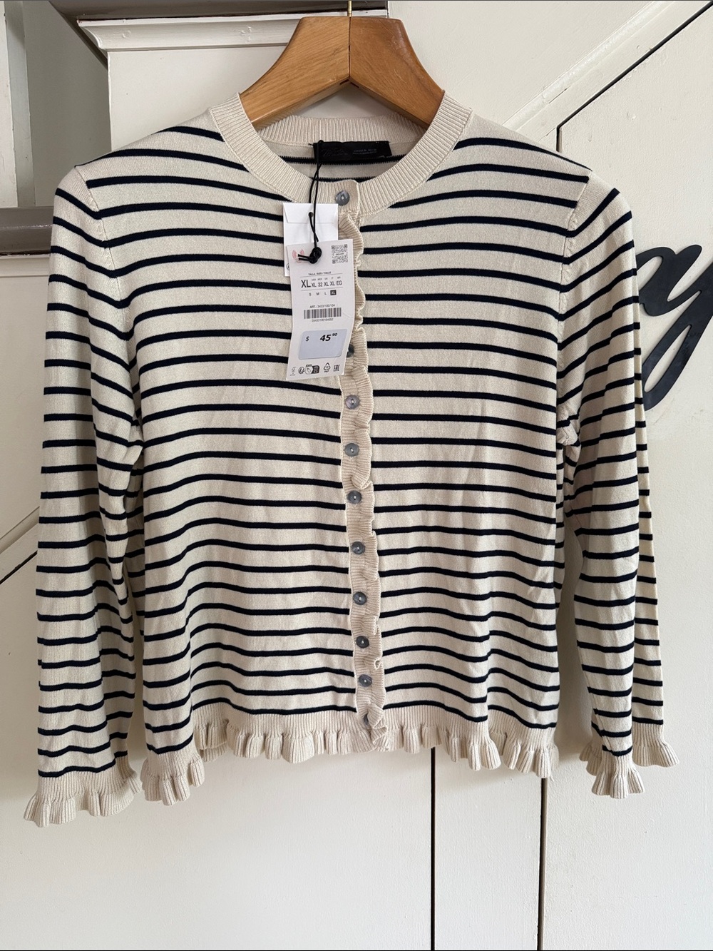 NWT Zara Cream & Black Striped Button-Front Cardigan with Ruffles